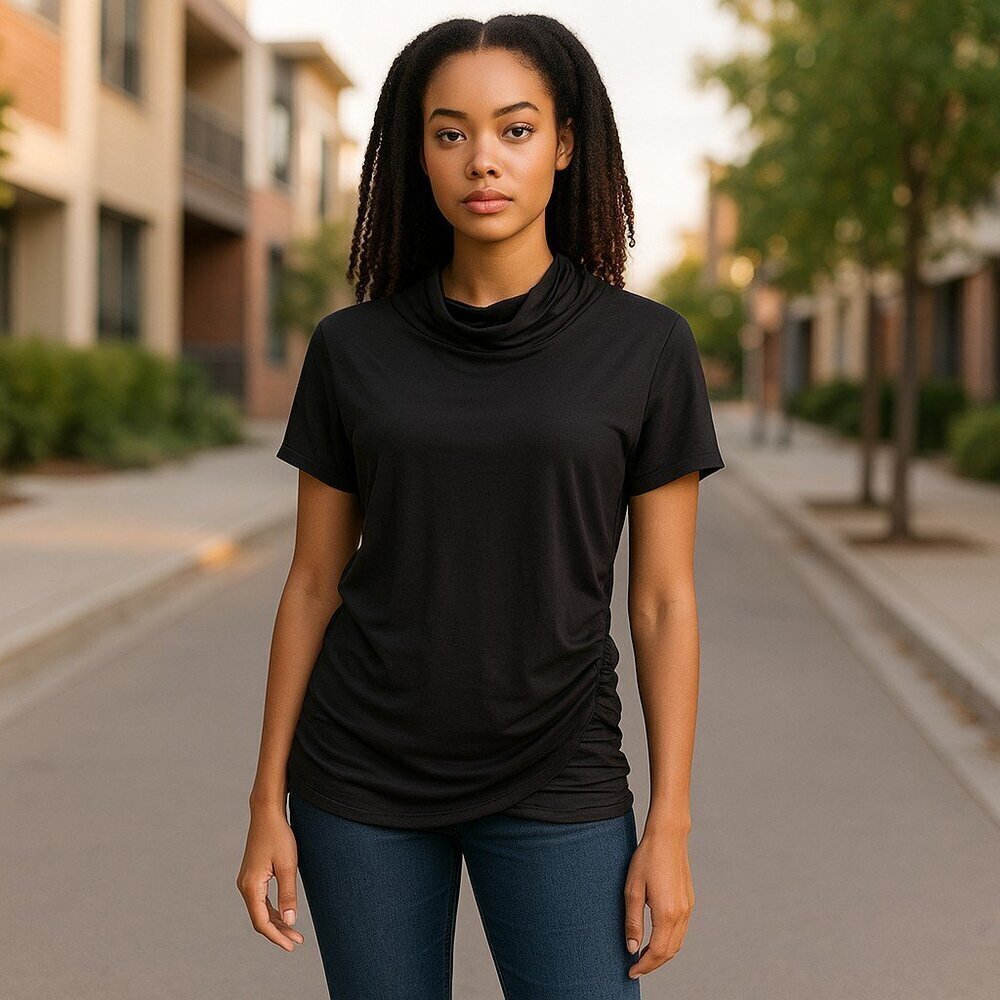 Vince Camuto Claire Short Sleeve High Neckline Ruching Sides Black Top